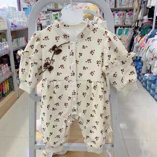 谷米熊婴儿双层连体衣春秋碎花花边斜襟长袖爬服女宝纯棉内胆哈衣