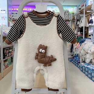 谷米熊婴儿恐龙薄棉上衣背带裤套装秋冬季0-2岁男宝潮衣外出服装