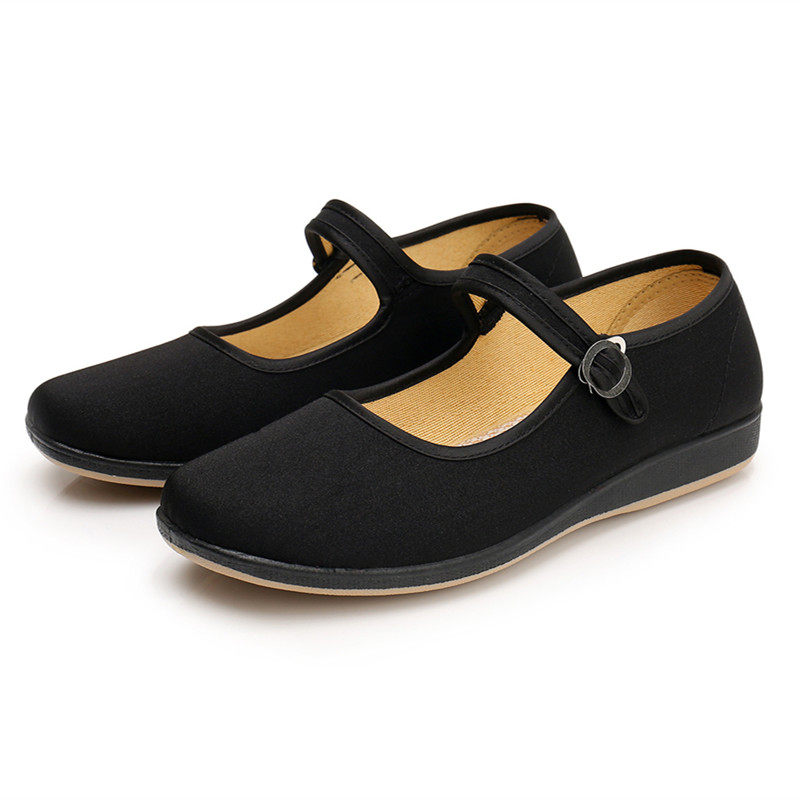 正品春暖坊平底黑平绒一带鞋酒店工装单鞋厚底妈妈鞋老北京布鞋