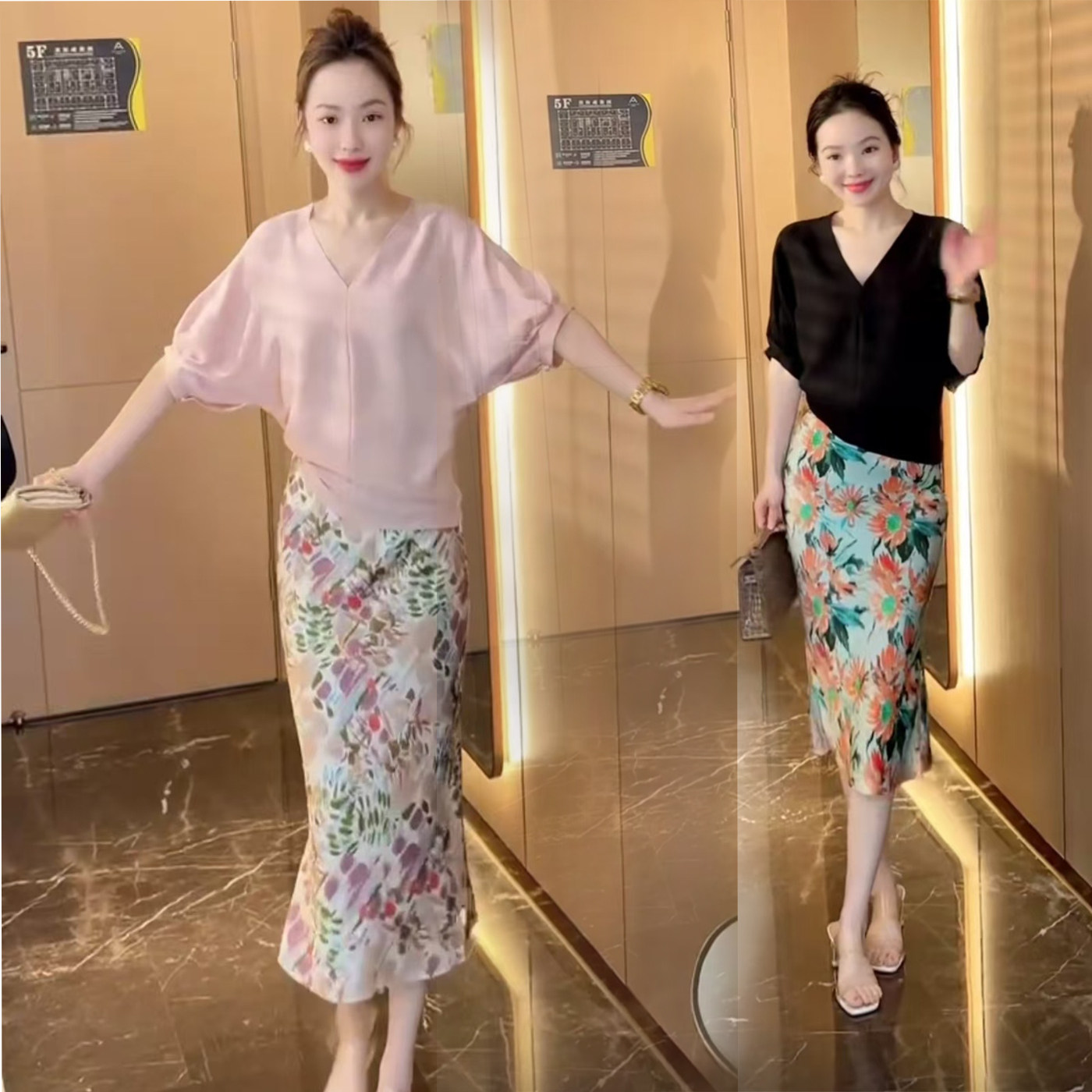 韩系气质设计感粉色v领衬衫套装