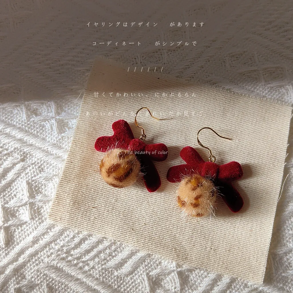 亮眸@工厂直营925银针植绒蝴蝶结大胆搭配耳环女 日韩潮酒红耳饰