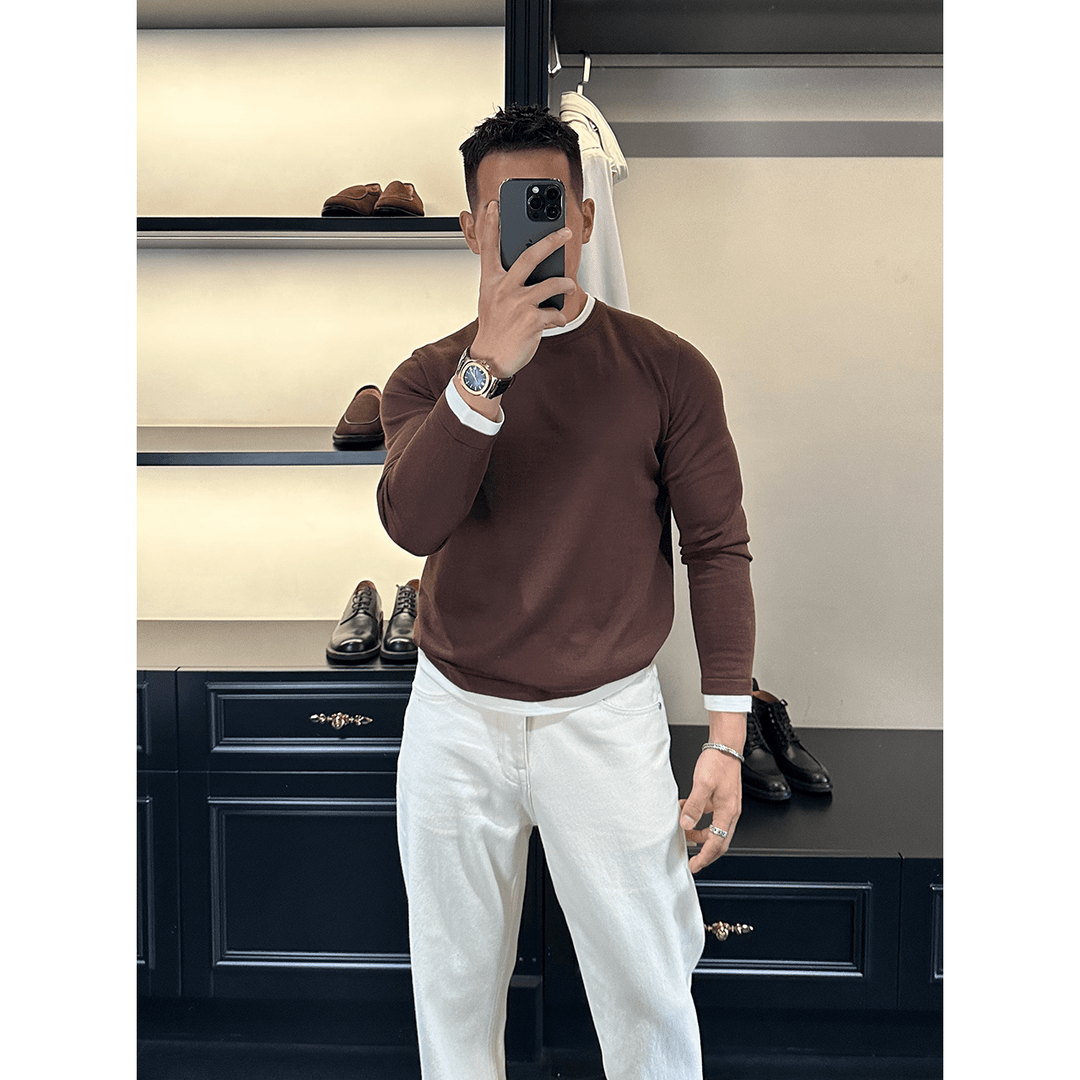 男士秋冬圆领假两件百搭针织衫