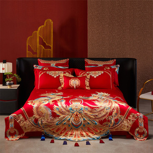 高端100支长绒棉结婚四件套纯棉婚庆床品全棉大红床单绣花被套2米