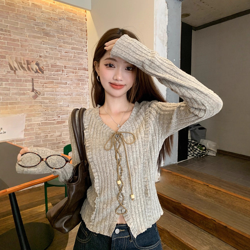 甜辣修身长袖针织开衫女早秋新款绑带设计感显瘦短款V领长袖上衣,女装/女士精品,毛针织衫,淘宝优惠券,粉丝福利购,淘宝优惠卷