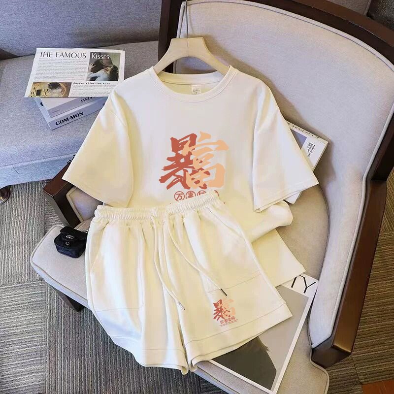 仿棉索罗娜休闲运动套装女宽松大码短袖胖mm印花两件套潮浅灰杏色