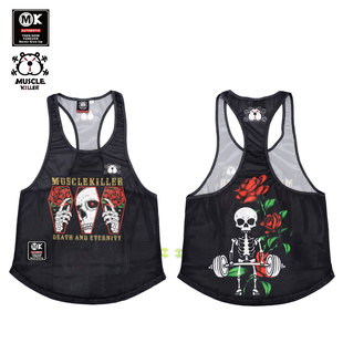 肌肉杀手健身房玫瑰骷髅黑色跑步无袖 速干背心 运动工字训练服装