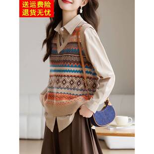 2025新款秋冬搭配衬衫的毛衣马甲背心女宽松休闲v领针织马夹上衣