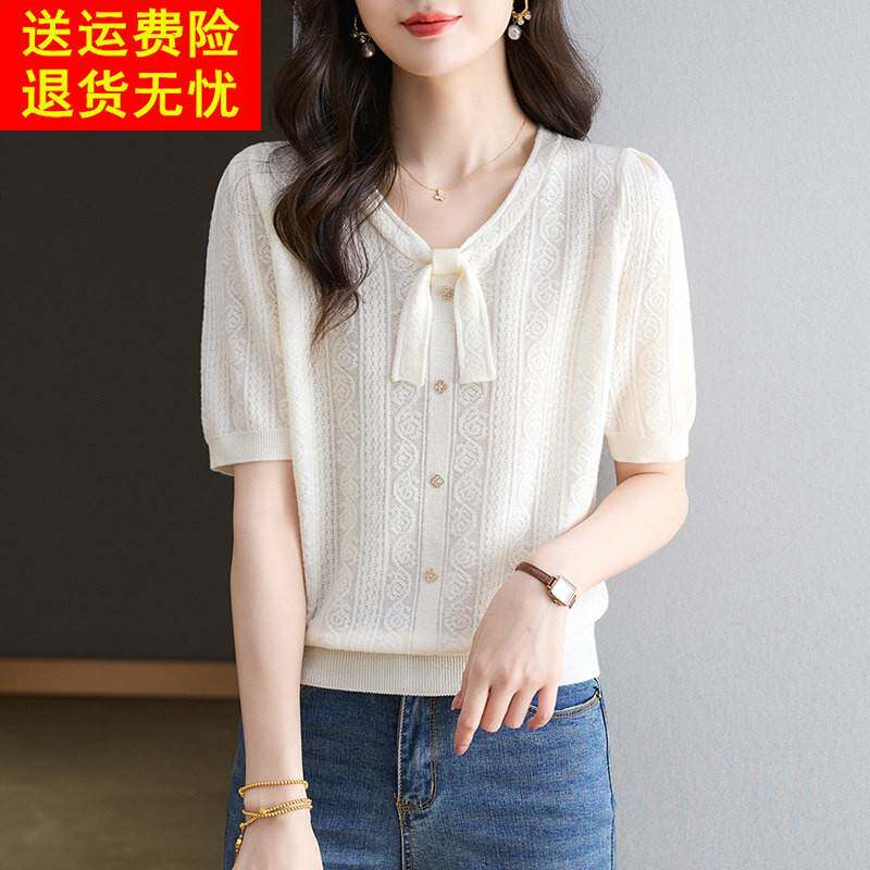 V领蝴蝶结短袖t恤女2025夏季新款洋派正肩针织衫T恤显瘦遮肉上衣