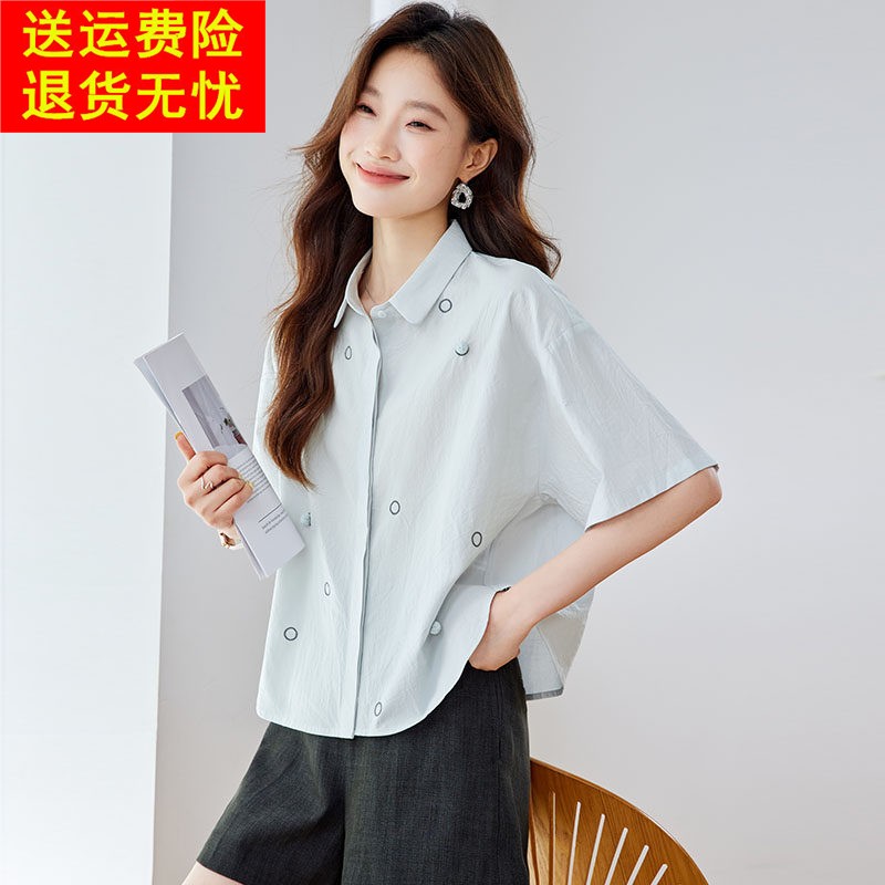 纯棉上衣女2025新款爆款衬衫短袖女夏季薄款轻奢高级感翻领女装
