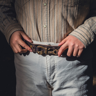 美式复古头层牛皮阿美咔叽骑兵钩扣腰带男士机车硬汉黄铜做旧皮带