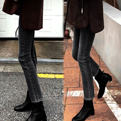 黑灰色牛仔裤女2024新款秋款薄绒小个子八分九分冬季加绒烟管裤潮