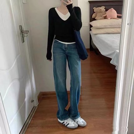 加绒窄版阔腿拖地牛仔裤女2024年秋冬新款高腰直筒裤梨形身材裤子