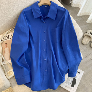 优雅休闲衬衣 女别致宝蓝色小清新气质时尚 秋冬克莱因蓝色长袖 衬衫