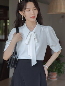 法式蝴蝶结飘带白色衬衫女短袖2026夏季通勤温柔风衬衣抗皱免烫