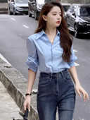 工作衬衣 内搭叠穿V领正统职业装 早秋2026小个子蓝色衬衫 女长袖