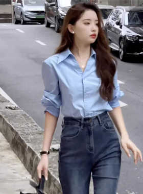 早秋2026小个子蓝色衬衫女长袖内搭叠穿V领正统职业装工作衬衣