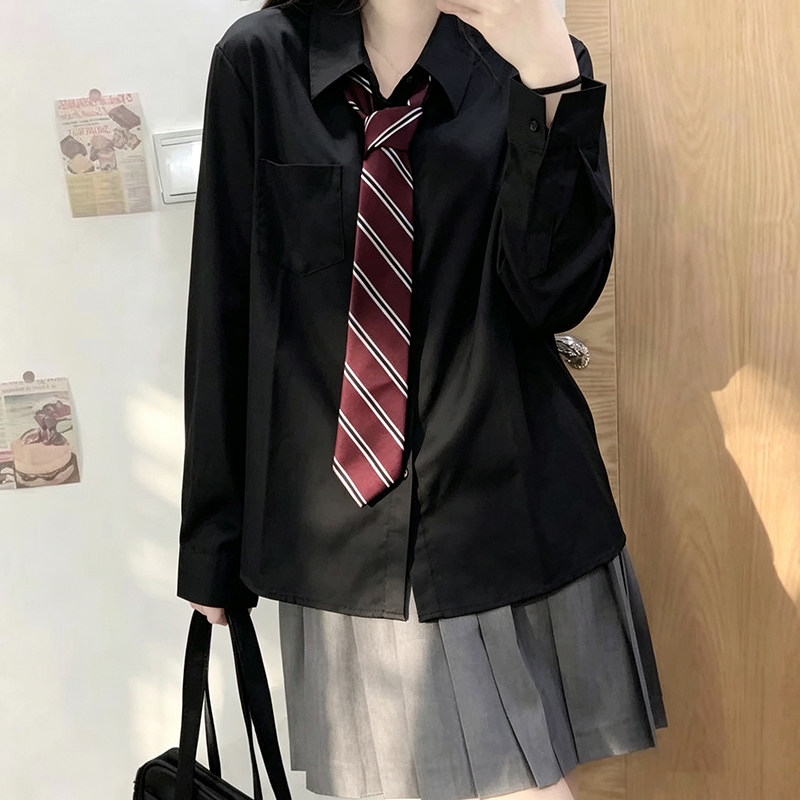 学院风黑色衬衫女长袖条纹领带jk图片