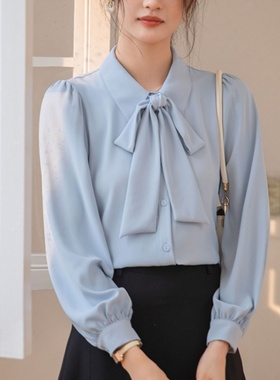 名媛气质高级感显瘦上衣2025蝴蝶结蓝色衬衫女长袖春秋衬衣衬衫