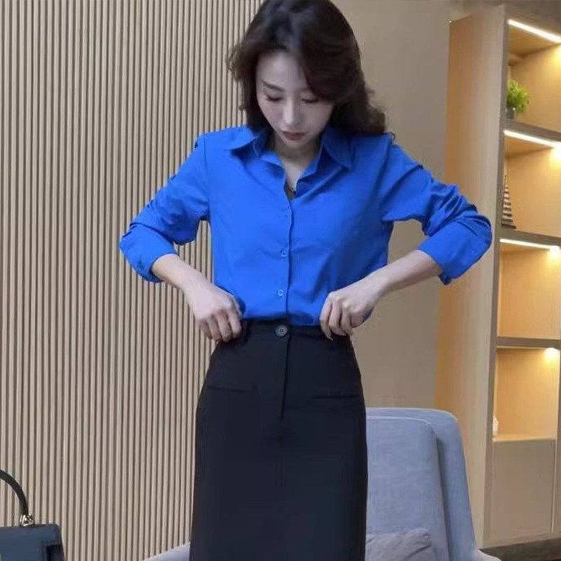 休闲风深蓝色长袖衬衫女宽松POLO领通勤穿搭高级感时尚上衣薄外套,女装/女士精品,衬衫,淘宝优惠券,粉丝福利购,淘宝优惠卷