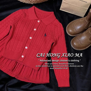 女童麻花纹毛衣开衫 红色针织套装 半身裙子 2025秋冬新年款 韩国童装