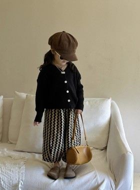 韩版女童2025春秋黑色针织开衫儿童毛衣外套女宝波浪纹休闲裤子潮
