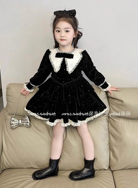 韩国童装2025秋冬新款黑色闪闪丝绒连衣裙女童蝴蝶结加绒公主裙子