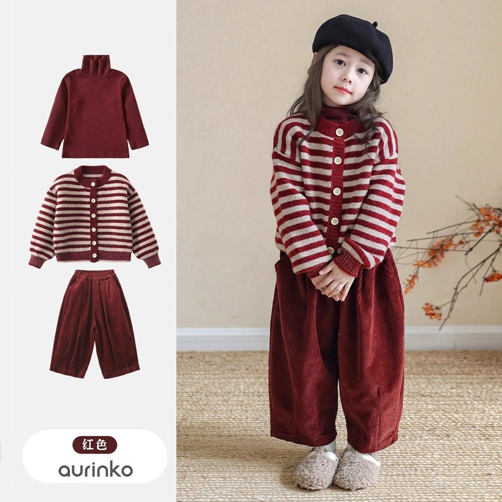 2024秋冬新款红色条纹毛衣套装