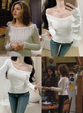 Mimo dk老友记瑞秋同款麻花毛衣拉夫风复古针织衫一字领露肩打底