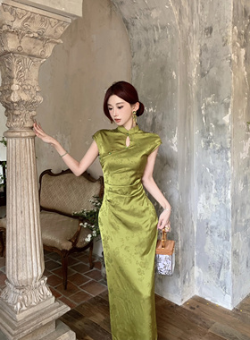 Mimo dk【盛夏】新中式绿色提花显瘦显白旗袍国风长款连衣裙女夏