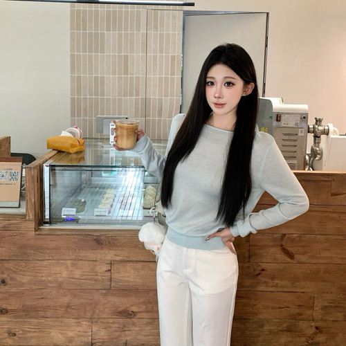 婴儿肌水溶羊毛毛衣极简气质温柔蓝色显白套头针织衫百搭上衣女秋