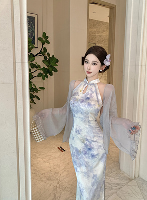 Mimo dk新中式国风温柔复古改良旗袍女夏季缎面紫烟梦无袖连衣裙