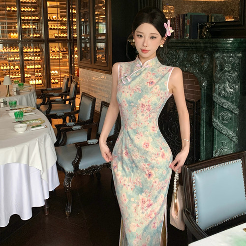 Mimo dk新中式素雅国风改良旗袍女夏少女无袖连衣裙 花知晓无袖