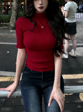 Mimo dk极简知性半高领打底针织衫女内搭修身显瘦中袖正肩上衣女