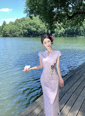 Mimo dk新中式国风复古紫色改良旗袍女夏刺绣开叉连衣裙 紫非花