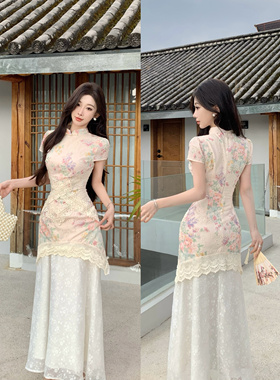 新中式假两件印花改良旗袍女2025春夏蕾丝拼接镂空修身连衣裙