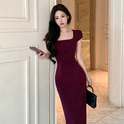 紫色方领修身针织连衣裙特别漂亮掐腰裙包臀裙女裙子后妈裙长裙
