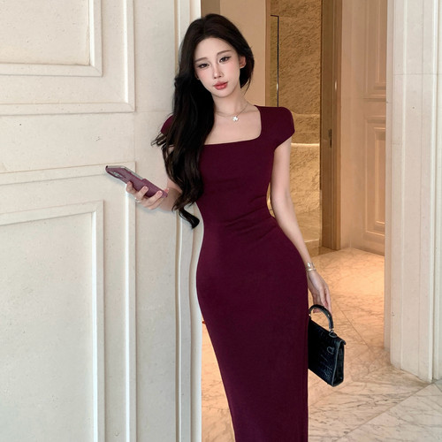 紫色方领修身针织连衣裙特别漂亮掐腰裙包臀裙女裙子后妈裙长裙