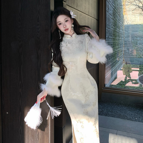 新中式自制温柔复古仙气飘飘杏色毛毛提花旗袍连衣裙 神明少女花