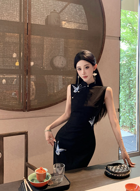 新中式国风蝴蝶改良旗袍年轻款少女气质修身显瘦无袖黑色连衣裙