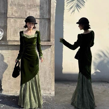 Mimo dk法式复古气质方领丝绒连衣裙女秋冬收腰显瘦打底鱼尾裙子