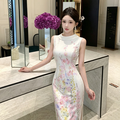 新中式国风温柔白色印花无袖改良旗袍修身气质连衣裙少女小白裙