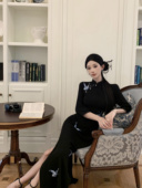 国风蝴蝶改良旗袍少女气质显瘦长袖 Mimo dk新中式 黑色连衣裙