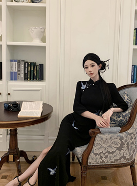 Mimo dk新中式国风蝴蝶改良旗袍少女气质显瘦长袖黑色连衣裙