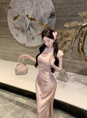 Mimo dk新中式改良温柔粉色玫瑰提花贝壳袖旗袍水滴领朝花夕拾