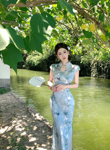 Mimo dk新中式国风蓝色提花贝壳袖改良旗袍女绝美水滴领连衣裙