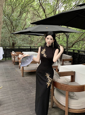 Mimo dk自制高级新中式国风春秋厚款弹力定位花黑色旗袍 尊为金竹