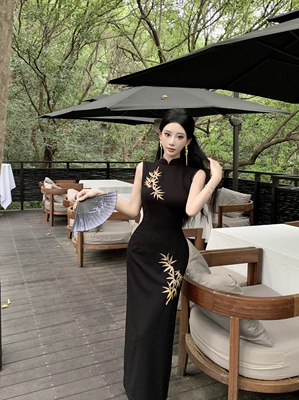 Mimo dk自制高级新中式国风春秋厚款弹力定位花黑色旗袍 尊为金竹