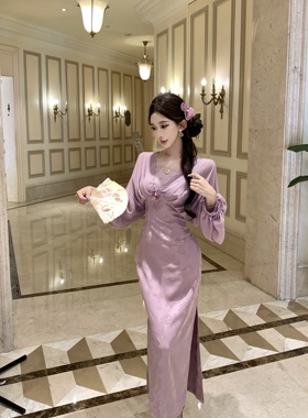 Mimo dk新中式清冷感粉紫色改良旗袍收腰温柔拼接国风连衣裙