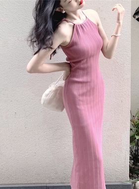 Mimo dk气质优雅 性感女人味紧身包臀削肩挂脖冰丝针织连衣裙长裙