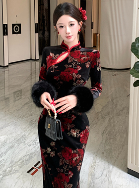 新中式黑色丝绒军阀太太修身毛毛袖复古气质显瘦秋冬旗袍